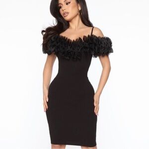 Fashion Nova Black Off-Shoulder Dress with Ruffle Detail